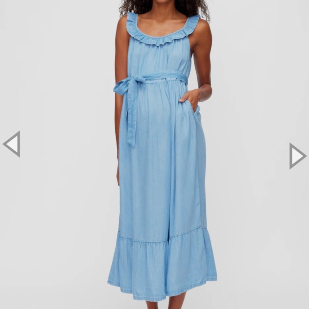A Pea In The Pod Chambray Ruffle Neckline Maxi Dress
